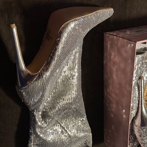 Lady Go Diva Silver Rhinestone Ankle Boots Size 10 – Glam Stiletto Heels ✨